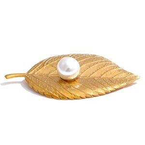 ZARA Gold Leaf Brooch with Pearl Accent scarf Jacket Coat Sweater Bag Hat | NWOT